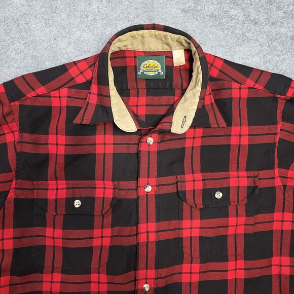 Vintage Cabela's Red Black Flannel Corduroy Collar Shirt Mens Large Made USA 90s - Picture 3 of 8